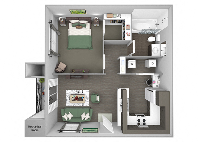Floor plan for 1 bed, 1 bath, 804 sqft